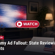 Fostoria News Living room with TV displaying news about Ramaswamy ad fallout and complaints.